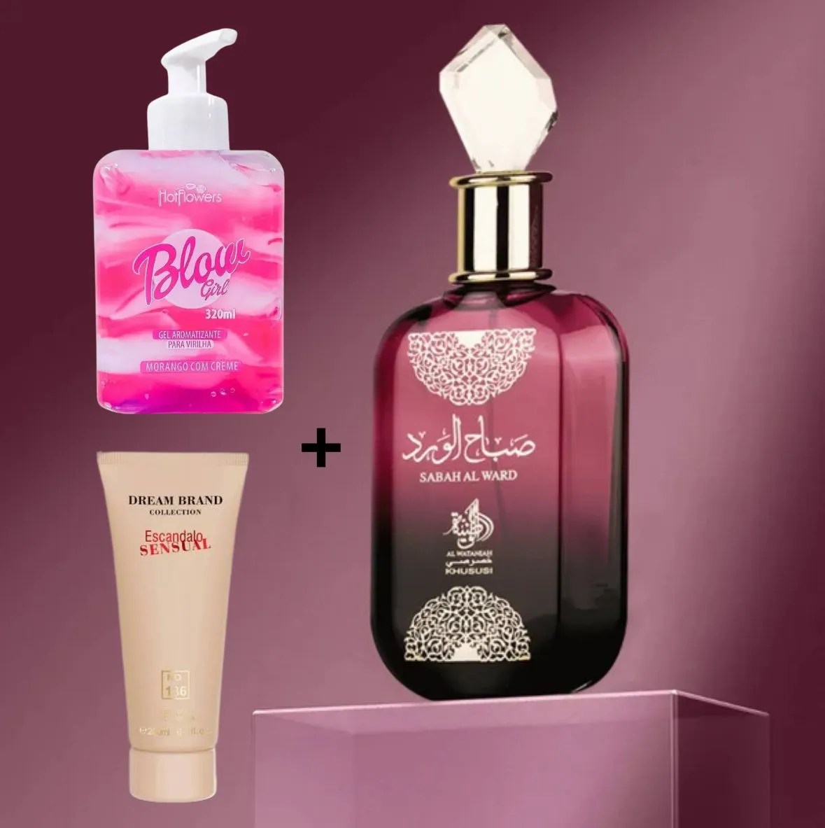 COMBO -  Al Wataniah Sabah Al Ward – 100ml + Blow Girl Hidratante Aveludado Beijável para Região Intima Morango com Creme 320ml + Dream brand collection loção hidratante 136 – 200ml